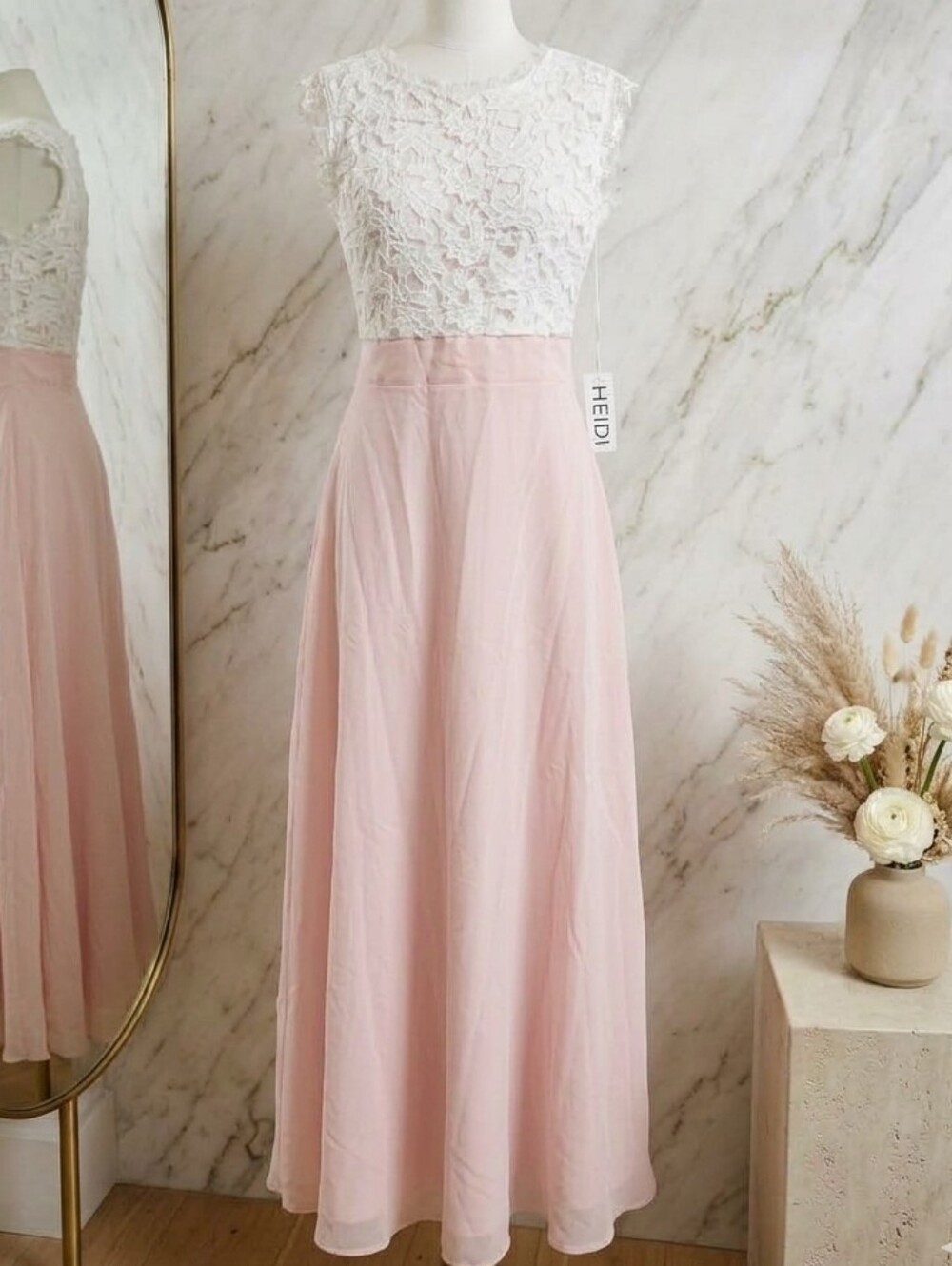 Elegant White Lace & Blush Pink Maxi Dress